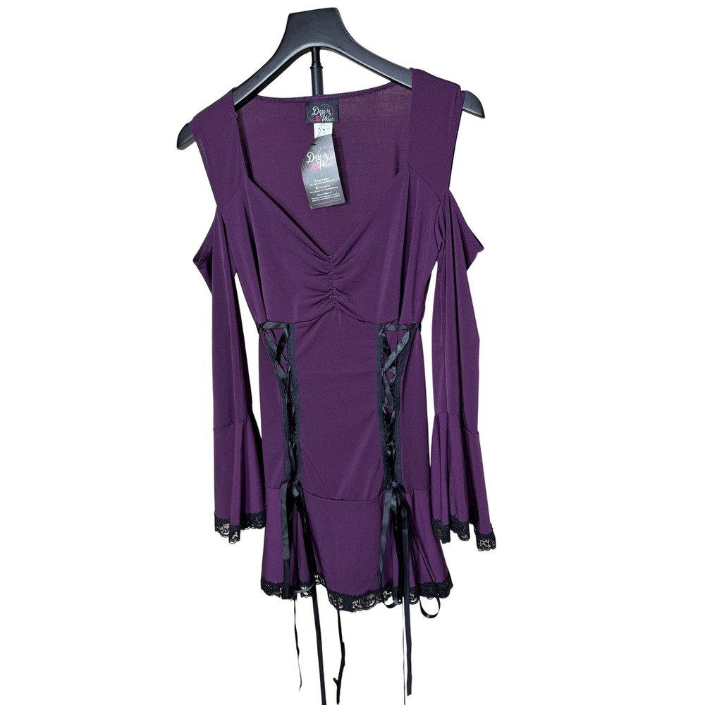 Dare to Wear Purple Cold Shoulder Goth Tunicā Top Lace Up Bell Sleeve M